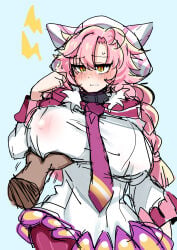 1boy 1girl aged_up alternate_breast_size blush cotton_(duel_masters) curvy dark-skinned_male duel_masters embarrassed frustrated groping_breast huge_breasts nipple_bulge thick_thighs wide_hips