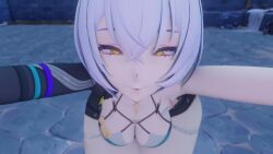 1girl 3d against_wall animated ass ass_focus ass_shake bare_shoulders blue_hair from_behind from_below gloves huge_ass jiggle kishi leaning leaning_forward long_hair lucia_elowen pointy_ears shiny shiny_clothes smile solo tagme tail thick_thighs video yellow_eyes zenless_zone_zero