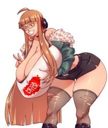 1girls ahoge alternate_body_type alternate_breast_size breasts brown_hair female glasses hair hourglass_figure leaning_forward long_hair n647 peace_sign persona persona_5 sakura_futaba shorts smile torn_thighhighs transparent_background wide_hips
