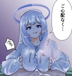1boy 1girls :p absurdres blue_archive breasts cum female grey_hair halo hetero highres long_hair looking_at_viewer noa_(blue_archive) noa_(pajamas)_(blue_archive) paizuri paizuri_under_clothes pajamas pov purple_eyes tank1000ml tongue tongue_out translated white_halo white_pajamas