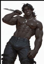 1boy abs ai_generated black_hair black_pants black_skin body_hair boots bulge cowboy_shot dark_skin disheveled_clothes fangs holding_knife jeans knife looking_at_viewer messy_hair muscular plain_background red_eyes sharp_teeth shiny_skin short_hair smirk solo standing vampire vexyai white_background
