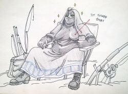 belly belly_overhang beryl_(look_outside) boobs_focus boots can canned_drink chubby chubby_belly chubby_female cloak dress fat_female female female_only fishing fishing_rod green_eyes hairy_arms happy_trail hood hood_up hoodie lazy look_outside redhairedfish shirt sitting sitting_on_chair skirt sparkles stomach stomach_bulge tits_focus tucked_shirt tummy tummy_fold