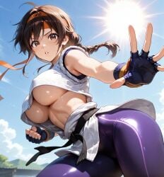 1girls ai_generated big_breasts big_tits king_of_fighters light-skinned_female light_skin pale_skin shirt the_king_of_fighters underboob underboobs white_shirt yuri_sakazaki
