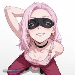 1girl ai_assisted ai_generated balls_deep black_sclera choker deep deepthroat dominated dynamic_pose facing_viewer from_side golden_earrings hand_behind_head hands_behind_back high_quality highres jujutsu_kaisen looking_at_viewer petite_body pink_bodysuit pink_eyes pink_hair pov ripped_clothes sitting_on_knees skinny small_breasts small_tits smile solo tiny_tits upper_body uro_takako white_background young