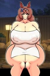 1girls alternate_version_available breasts brown_hair closed_eyes closed_mouth closed_smile curvaceous curvy curvy_figure female female_only gr8p_ju1ce grapejuicerulez hot_spring huge_breasts long_hair onsen sitting smile solo solo_female super_creek_(umamusume) towel towel_only umamusume voluptuous voluptuous_female