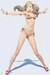 1girl ai_assisted ai_generated anime_coloring ann_takamaki bikini blonde_hair blue_eyes blue_nails cgi cleft_of_venus detailed_vagina dynamic_angle dynamic_pose erect_nipples facing_viewer female_focus floral_print full_body glossy_lips hand_on_hips legs_spread looking_at_viewer nail_polish nude persona_5 sandals shading shadows shaved_vagina small_breasts smile solo solo_female spreading_legs swimsuit thick_nipples tiny_breasts toes white_background