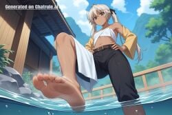 1girl ai_assisted ai_generated barefeet bath bathing belt big_feet black_eyes black_pants cowboy_shot dark_skin dirty_feet dutch_angle from_below full_body hands_on_hips long_sleeves long_toes looking_at_viewer naked_towel navel onsen outdoors partially_submerged presenting_foot small_breasts sole_focus solo sora_kasugano source_anime standing standing_on_one_leg steam stinky_feet sweaty_feet towel twintails water wet_towel white_hair yellow_jacket yosuga_no_sora