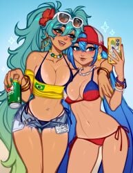 2girls blushypixy blushyspicy brazilian_miku breasts female female_focus female_only hatsune_miku large_breasts tanned tanned_female tanned_skin thick_thighs thighs vocaloid wide_hips