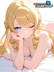 1girl ;) absurd_res absurdres ai-created ai-generated ai_art ai_generated artist_name ass bangs blonde_hair blue_eyes blush breasts bust cleavage closed_mouth collarbone completely_nude drill_hair female genshin_impact gumtoof hi_res high_quality high_resolution large_breasts long_hair looking_at_viewer lying medium_breasts morning navia_(genshin_impact) nude on_stomach one_eye_closed patreon patreon_username simple_background smile solo solo_focus stable_diffusion tagme uncensored white_background