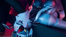 1boy1girl 1boy1girls 1girl1boy 1girls1boy 3d big_breasts blender dark-skinned_male glowing_eyes horns on_table open_topwear overwatch overwatch_2 robot_girl shion_(overwatch) sword_swallowing_position table throat_fuck watermark zren