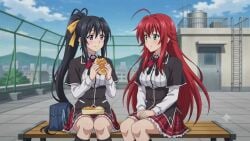 2girls ai_generated akeno_himejima animated big_breasts blush bread closed_eyes curvy_female eating female_only girlfriends girls_love high_school_dxd large_breasts lesbian_couple lesbian_lovers rias_gremory rias_x_akeno school school_uniform schoolgirl sharing sitting smile sound tagme thick_thighs video voluptuous_female wide_hips wife_and_wife yuri yuri_couple