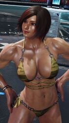 1girl 3d asian asian_female ass asuka_kazama big_breasts bikini breasts brunette brunette_hair cleavage envy15re2lm female female_focus female_only japanese_female kazama_asuka navel oiled oiled_skin see-through short_hair sweat tagme tan_skin tanned_female tanned_skin tekken tekken_8 thick_thighs wide_hips