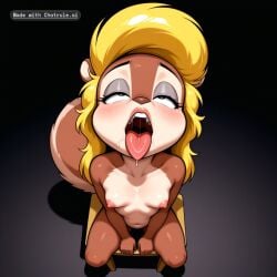 1girl ahegao_face ai_assisted ai_generated black_eyes blonde_hair brown_fur chair detailed_face furry_female high_angle huge_eyes long_hair naked petite_breasts small_breasts tail two_tone_fur visible_breasts visible_nipples