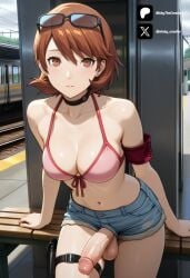 1futa 1girl ai_generated alternate_costume arm_strap arm_support armband bare_shoulders big_breasts bikini bikini_top_only black_choker blue_shorts breasts brown_eyes brown_hair choker cleavage cock collarbone colored cowboy_shot denim denim_shorts dick earrings erection eyewear_on_head foreskin from_front front-tie_bikini_top front-tie_top front_view futa_only futanari futanari/female futanarization halterneck holster jewelry large_breasts leaning_forward light_skin light_skinned_futanari looking_at_viewer medium_breasts medium_hair navel nickythecreator no_shirt outdoors parted_lips penis persona persona_3 pink_bikini railroad_tracks sexy sexy_body sexy_pose short_hair short_shorts shorts solo standing stomach sunglasses swept_bangs swimsuit takeba_yukari testicles thigh_holster thigh_strap thighs tits train train_station uncensored veins veiny_penis yukari_takeba