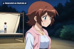 1girl absurdly_long_hair ai_assisted ai_generated anime anime_coloring anime_screencap animification arms_behind_back blood_splatter blue_eyes blush boots brown_hair campsite chair close_up firelight flaccid_penis frowning high_quality highres jacket jewelry juliet_sleeves kneeling long_sidelocks long_sleeves looking_at_penis metal_fight_beyblade necklace night outside skirt solo source_anime standing upper_body white_dress white_robe