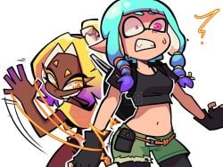 2girls artist_request ass_slap bare_midriff frye_(splatoon) fully_clothed funny inkling inkling_girl mechanic_(splatoon_raiders) midriff navel nintendo slap slapping_ass slapping_butt splatoon splatoon_raiders white_background yuri