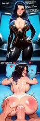 1boy 1girls ai_generated anal anal_creampie anal_penetration anal_sex bed before_and_after big_breasts big_penis black_hair blue_eyes bodysuit breasts breasts_out cleavage commander_shepard creampie cum cum_in_ass cum_inside dialogue doggy_style english_text face_down_ass_up female female_focus femsub from_behind fucked_from_behind fucked_into_submission fucked_silly instant_loss_2koma killkong light-skinned_female light-skinned_male light_skin looking_at_viewer makeup makeup_running male male/female male_penetrating male_penetrating_female male_pov maledom mass_effect mass_effect_2 miranda_lawson nipples_visible_through_clothing pillow pillow_grab pov pov_anal saliva saliva_trail smeared_makeup text tight_clothing veiny_penis