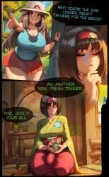 2026 2d 2girls absurd_res absurd_resolution absurdres ai_generated black_hair breasts brown_eyes brown_hair bulge cleavage closed_eyes closed_mouth comic cup english_text erection erection_under_clothes erika_(pokemon) futa_with_female futanari game_freak green_kimono hairband hakama hat hi_res high_quality high_resolution highres hydraulicmatingpress image japanese_clothes kimono large_breasts leaf_(pokemon) long_hair multiple_girls nintendo patreon patreon_username pointing poke_ball_print pokemon pokemon_adventures pokemon_frlg pokemon_lgpe red_hairband red_skirt seiza short_hair sitting skirt sleeveless sleeveless_shirt smile speech_bubble tank_top uncensured watermark wristband