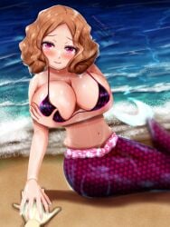 1girls atlus big_breasts bikini_top breasts brown_eyes brown_hair cleavage female haru_okumura holding_hands huge_breasts mermaid persona persona_5 plump pov pov_eye_contact short_hair smile solo solo_female topwear water
