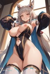 1girl absurd_res ai_assisted ai_generated black_clothing black_leggings blunt_bangs cat_ears chest_jewel cleavage detached_sleeves devious_grin facial_mark first_person_perspective grey_hair hair_ribbon hands_above_head hard_nipples hood_up large_breasts leotard low_twintails lustful nia perfect_ass posing_for_viewer seductive standing tight_clothing very_long_hair white_gloves white_socks white_thighhighs xenoblade_chronicles
