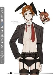 1boy 1boy1girl 1girls blush blush_lines blushing brown_eyes brown_hair bunny_ears cropped_jacket danganronpa_another fanganronpa female garter_belt jacket korean_text maeda_yuki male male_focus orange_hair taira_akane thighhighs underwear utsuro