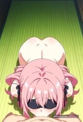 1girl ai_assisted ai_generated anime_screencap balls_deep blue_eyes deep deepthroat dominated facing_viewer hair_ribbon hands_behind_back high_quality highres long_hair mature_female petite_body pink_hair pov prim_fiorire ripped_clothes sitting_on_knees skinny small_breasts small_tits tiny_tits very_long_hair young