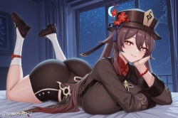 1girl ai_generated alternate_breast_size ass bead_bracelet beads black_footwear black_headwear black_shorts blush bracelet breasts brown_hair elbow_rest feet_up flower genshin_impact hair_between_eyes hand_on_own_cheek hand_on_own_face hat hat_flower head_rest hu_tao_(genshin_impact) huge_ass huge_breasts indoors jewelry large_breasts long_hair long_sleeves looking_at_viewer lying night night_sky on_bed on_stomach plum_blossoms porkpie_hat red_eyes shoes short_shorts shorts sky smile socks solo star_(sky) symbol-shaped_pupils the_pose thick_thighs thighs twintails very_long_hair white_socks window