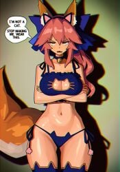 1girl ai_generated angry animal_ear_fluff animal_ears annoyed arms_under_breasts bell blue_bra blue_collar blue_lingerie blue_ribbon blue_thighhighs bra breasts cat_cutout cat_ear_panties cat_ear_thighhighs cat_lingerie cleavage clothing_cutout collar cowboy_shot crossed_arms dot_nose elfgens english_text fake_animal_ears fang fate/grand_order fate_(series) fingernails fox_ears fox_girl fox_tail hair_ornament hair_ribbon large_breasts lingerie long_hair looking_up meme_attire nail_polish navel neck_bell open_mouth orange_tail orange_trim panties pink_hair pink_nails ponytail ribbon self_upload shadow side-tie_panties sidelocks simple_background solo speech_bubble tail tamamo_(fate) thighhighs two-tone_tail underwear vignetting wavy_hair white_tail yellow_eyes