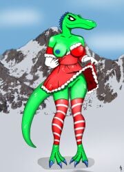 alison_(angel_rex) angel_rex anthro breasts breasts_out cold dinosaur dress dress_lift female female_only gloves mountain skirt skirt_lift snow spinosaurus thighs