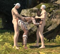1girls 2boys barefoot dark_skin fellatio final_fantasy final_fantasy_xiv forest gpose_(ffxiv) holding_head holding_wrists hyur larger_female questionable_consent rape spitroast tagme tattoo tribal_markings viera