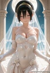 1girl ai_generated bare_shoulders black_hair blush breasts bridal_veil cleavage closed_mouth collarbone covered_navel dress earrings elbow_gloves flower full_moon gloves hair_between_eyes jewelry kermixx looking_at_viewer moon night pillar shiny shiny_skin short_hair skirt_hold sky smile solo star_(sky) strapless strapless_dress veil wedding_dress white_dress white_flower white_gloves white_rose