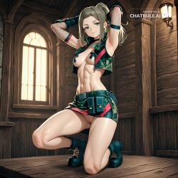 1girl ai_assisted ai_generated arm_guards bottomless choker cinematic_lighting combat_boots cute depth_of_field devious fingerless_elbow_gloves green_eyes hands_behind_head happy high_quality hourglass_figure looking_at_viewer medium_breasts muscle_definition perfect_breasts ponytail proud seductive seductive_look sexy sultry tall toned unitard utility_belt voluptuous xenoblade_chronicles xenoblade_chronicles_3