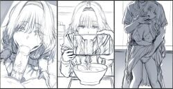1boy 1girl 1girls big_penis blowjob blowjob_face blowjob_only blush blush_lines blushing_female bra collage fellatio female female_focus fingers_in_mouth hair_vents headband hews_hack holding holding_object holding_phone kaoru_hana_wa_rin_to_saku kaoruko_waguri large_penis lifted_skirt long_hair looking_at_viewer male male/female panties phone ramen sketch veiny_penis waguri_kaoruko