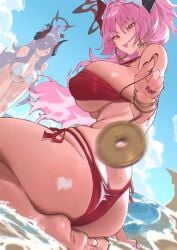 2girls absurdres ass barefoot bikini black_halo blue_archive blue_sky breasts butt_crack commentary covered_erect_nipples demon_girl demon_horns earrings english_commentary feet female grey_hair halo highres hirosenpai holding holding_pendulum horns jewelry large_breasts long_hair looking_at_viewer makoto_(blue_archive) multiple_girls orange_eyes pendulum pointy_ears red_bikini red_halo satsuki_(blue_archive) satsuki_(swimsuit)_(blue_archive) seiza sitting sky smile soles swimsuit very_long_hair water white_bikini