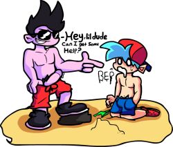 2boys beach_brother_(squizzle_dizzle) blue_hair boyfriend_(friday_night_funkin) dark_hair demon friday_night_funkin gay goongeist hat male male_only purple_skin shoes shorts