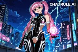 1girl ai_assisted ai_generated armor aura bare_shoulders black_bodysuit black_eyes blue_background city cityscape clouds cowboy_shot crotchless curvy dark_theme detailed_pussy dynamic_lighting elbow_gloves energy energy_ball fishnets gloves high_contrast kagami_hirotaka koukawa_oboro lightning looking_at_viewer neon_lights night night_sky one_piece outdoors perona_(one_piece) pink_hair smug soft_shading super_saiyan taimanin_asagi_zero taimanin_suit thigh_gap visible_pussy