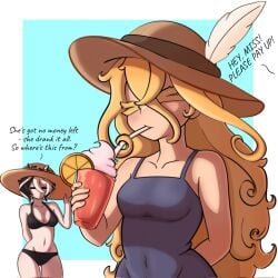 2girls bikini black_bikini black_hair blonde_hair blue_background cleavage closed_eyes curly_hair drink drinking english_text female female_only hair_between_eyes hourglass_figure long_hair lyza_(made_in_abyss) made_in_abyss medium_breasts one-piece_swimsuit ozen short_hair solo_focus sun_hat swimsuit two-tone_hair wide_hips