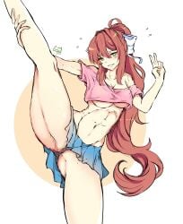crop_top crunnix doki_doki_literature_club flashing looking_at_viewer monika_(doki_doki_literature_club) panties peace_sign short_skirt underboob