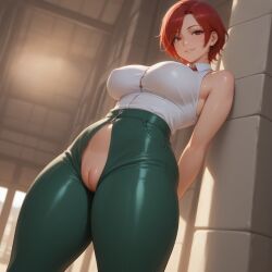 1girls ai_generated big_breasts clothed clothed_female huge_breasts king_of_fighters light-skinned_female light_skin looking_at_viewer pale-skinned_female pale_skin pants pussy red_eyes red_hair shirt short_hair thick thick_legs tight_pussy vanessa_(kof)