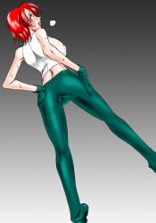 1girls big_breasts big_tits brown_eyes from_behind king_of_fighters light-skinned_female light_skin looking_at_viewer mokkouyou_bond nipples nipples_visible_through_clothing pale-skinned_female pale_skin pants red_hair short_hair steam steaming vanessa_(kof) visible_nipples