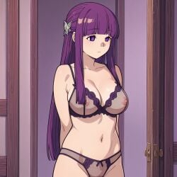 1girls ai_generated arms_behind_back bra cleavage fern_(sousou_no_frieren) frieren_beyond_journey's_end light-skinned_female light_skin lingerie long_hair nipples_visible_through_clothing panties purple_eyes purple_hair see-through see-through_clothing solo sousou_no_frieren tagme