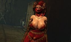 3d areolae_slip armored_female armored_gloves big_breasts cleavage clothed_female cum gold_jewelry headdress horsecock red_silk second_life sweat veil