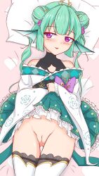 bottomless finana_ryugu finana_ryugu_(2nd_costume) fish_girl green_hair nijisanji nijisanji_en no_panties pussy shoulders tongue_out uncensored virtual_youtuber