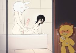 1girls 2boys bathroom bathtub being_watched bent_over big_penis black_hair bleach blush chappy chappy_(bleach) completely_nude duo duo_focus erect_penis erection hiding hot_dogging indoors kon kuchiki_rukia kuinmelen large_penis long_hair male_with_female mask masked_male multiple_boys nakadashi naked nude outercourse partially_colored perky_breasts petite purple_eyes pussy rubbing rubbing_penis sideboob small_breasts small_but_hung smaller_female standing standing_sex straight stuffed_animal stuffed_toy unknown_male watching