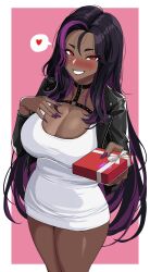 1girls 2022 black_hair blush breasts brown_skin cleavage dark-skinned_female dark_skin dress drogod_(artist) female female_only hips holding_object huge_breasts jacket long_hair long_nails looking_at_viewer original original_character painted_nails pluto_(drogod) purple_highlights red_eyes short_dress slim_waist smile spoken_heart thick_thighs thighs valentine's_day very_long_hair wide_hips