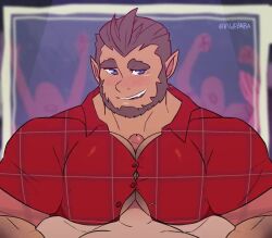 animated bara beard big_pecs blushing boner erection facial_hair gay hairy male male_only monster_prom muscles muscular pecjob penis scott_howl tight_clothing video vvulfbara