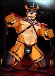 abs abstract_background absurd_res anthro arm_cuffs bedroom_eyes biceps big_pecs blue_eyes body_hair bondage bow_tie broad_shoulders bulge candle chest_markings clothing countershade_torso countershading dialogue ear_piercing ear_ring facial_markings fist five_nights_at_freddy's five_nights_at_freddy's:_security_breach genital_outline glamrock_freddy_(fnaf) happy_trail harness hat head_markings headgear headwear heart hi_res inner_ear_fluff jumpy_jackal kneeling latex_legwear leash leash_pull looking_at_viewer male male_only mammal markings mostly_nude multicolored_body narrowed_eyes nipples open_mouth orange_body pecs penis_outline piercing scottgames seductive shaded shoulder_pads solo talking_to_viewer teeth thick_thighs thong top_hat tuft two_tone_body underwear ursid video_games