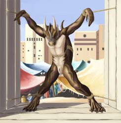 anthro background_character bondage bondage bound bruised building day group hi_res horn kii-nam_(skythe) lizard looking_aside male market markings mitokep muzzle_(object) nude outside reptile restrained restrained_arms restrained_legs restrained_to_wall rope scale_markings scales scalie slave slit spread_eagle standing tail_bondage tent window