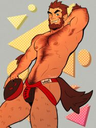 1boy arm_behind_head arm_up armpit_hair beard bulge facial_hair flaccid football_(ball) hairy jockstrap male male_only monster_prom muscles muscular oblivionscribe scott_howl solo solo_male tail underwear