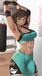 abs brown_hair brown_skin cute eroblast female glasses gloves gym gym_clothes looking_at_viewer sarah:eroblast smiling stretching thunder_thighs wearing_glasses